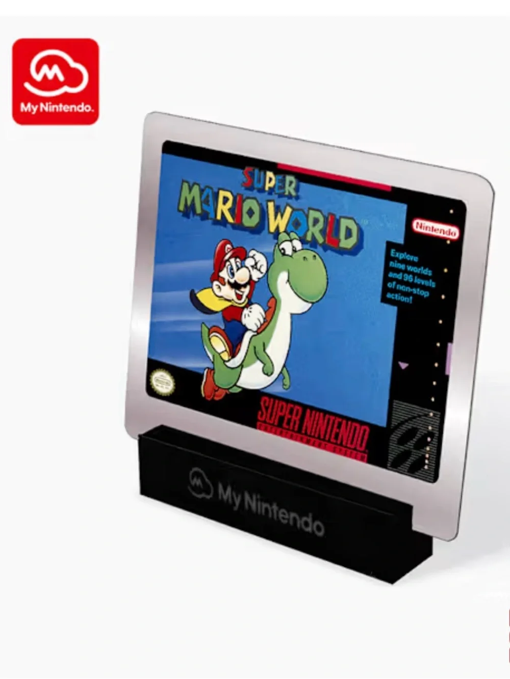 Cape Super Mario and Yoshi Display Stand Photo and Title Logo